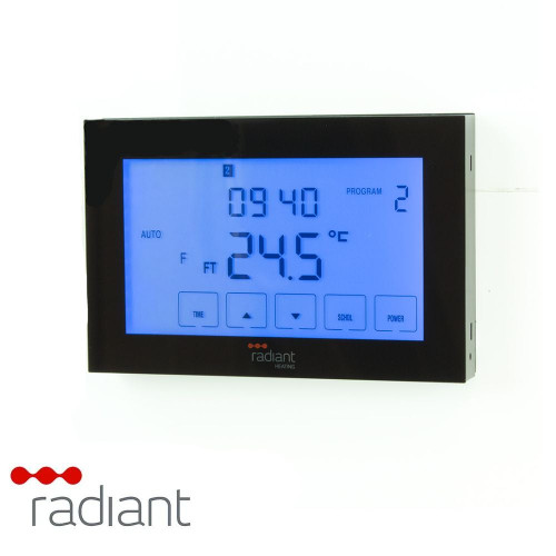 Radiant GTSB-TH-H Premium Glass Fronted Touch Screen Thermostat in Black and Horizontal orientation for underfloor heating in Australian homes.