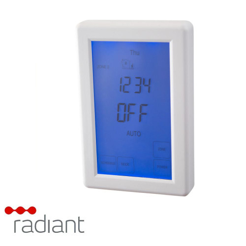Radiant TS8100-DUAL-V White Vertical Touchscreen Dual Zone Timer and Thermostat for floor heating and towel rails in Australian bathrooms.