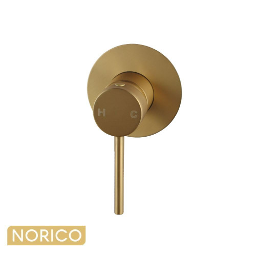 Norico Pentro Brushed Yellow Gold Round Shower Mixer with 65mm Thin Plate for Australian bathrooms.