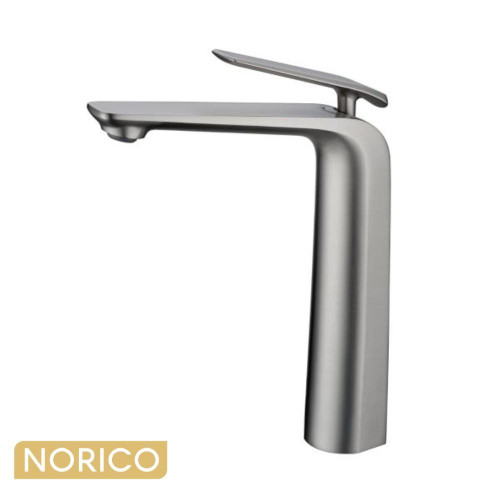 Norico Esperia Brushed Nickel Tall Basin Mixer for modern bathroom vanities, Australia.