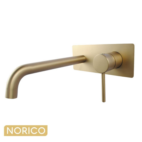 Norico Pentro Brushed Yellow Gold Wall Mixer with Round Spout, modern brass bathroom tapware for luxury Australian homes.
