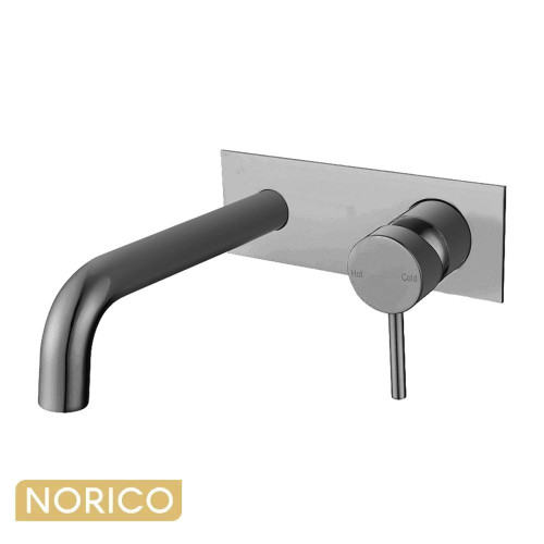 Norico Pentro Brushed Nickel Wall Mixer with Round Spout for bathroom basins and bathtubs in Australia