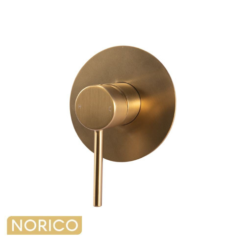 Norico Pentro round shower and bath mixer in brushed yellow gold finish with a 65mm cover plate, a stylish solid brass tapware solution for modern Australian bathroom renovations.