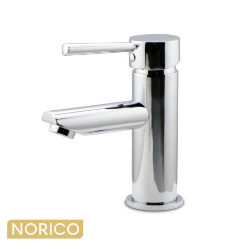 Norico Pentro polished chrome round basin mixer tap, durable solid brass bathroom vanity faucet with pin handle, Australia.