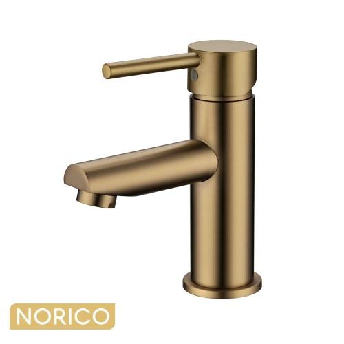 Norico Pentro Brushed Yellow Gold Round Basin Mixer for modern Australian bathrooms.