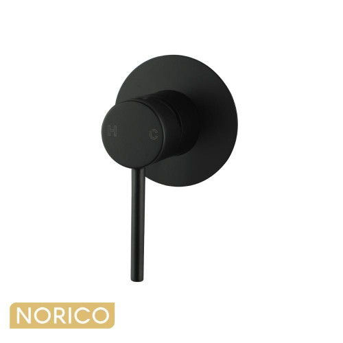Norico Pentro Matte Black Round Shower Mixer Tap with 65mm Thin Cover Plate, Wall Mounted Solid Brass Bathroom Faucet, Australian Standard Watermark Approved Australia.
