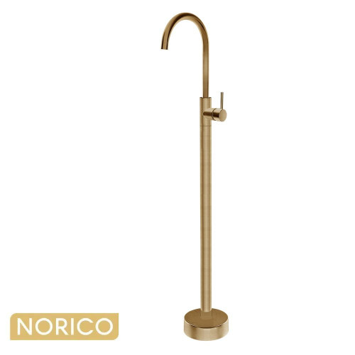 Modern Pentro Round Brushed Yellow Gold Floorstanding Bath Mixer, High-Quality Solid Brass Freestanding Tapware for Australian Luxury Bathrooms.