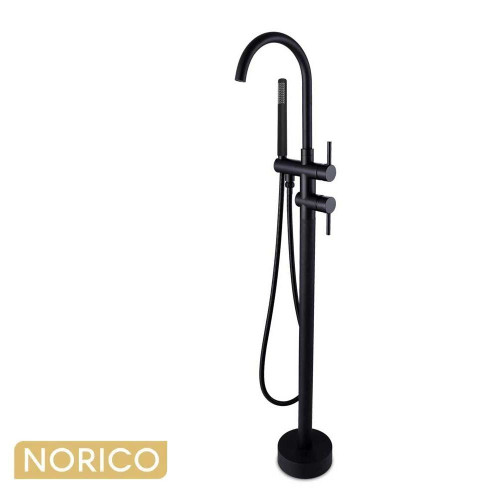 Norico Pentro Matte Black Round Floor Standing Bath Mixer with Handheld Shower, Modern Bathroom Tapware Australia