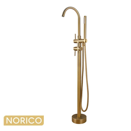 Pentro Round Brushed Yellow Gold Freestanding Bath Mixer with Handheld Shower, Australian Standard Bathroom Tapware by Norico.