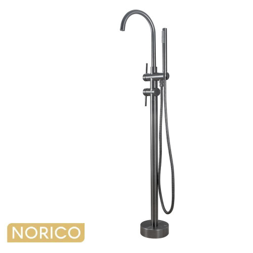 Norico Pentro Round Gunmetal Grey Floor Standing Bath Mixer with Handheld Shower, Contemporary Freestanding Tapware for Australian Bathrooms