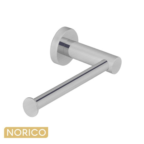 Norico Pentro Brushed Nickel Square Toilet Roll Holder, wall-mounted bathroom accessory for Australian homes.
