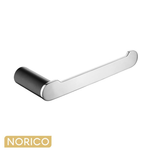 Norico Esperia Matte Black and Chrome Toilet Roll Holder, wall-mounted solid brass bathroom accessory, Australia.