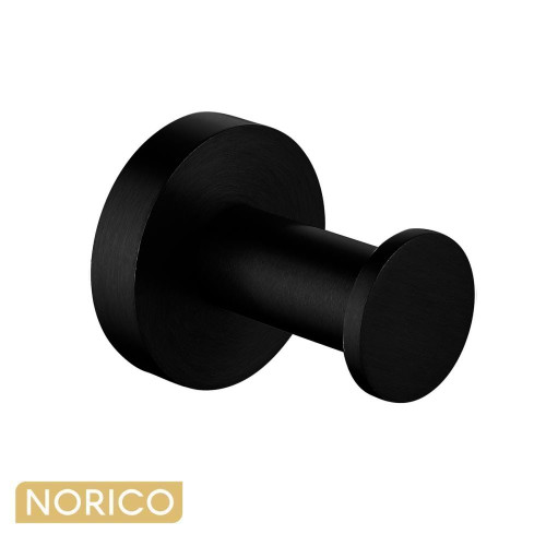 Norico Pentro matte black round robe and towel hook for modern Australian bathrooms.