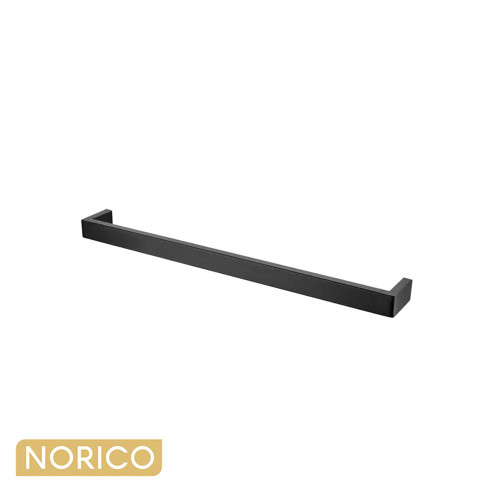 Modern matte black Norico Cavallo square single towel rail 600mm installed in a stylish Australian bathroom.