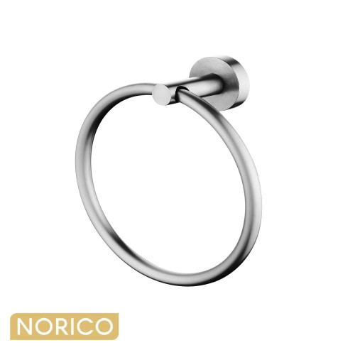 Aquaperla Norico Pentro brushed nickel round wall mounted hand towel ring for luxury Australian bathroom renovations.