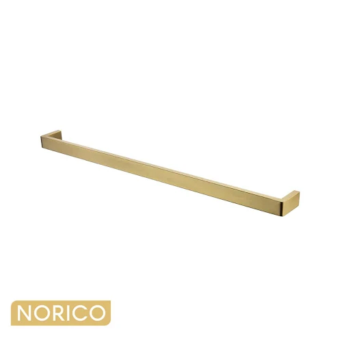 Norico Cavallo 800mm brushed yellow gold square single towel rail for luxury bathroom renovations in Australia.