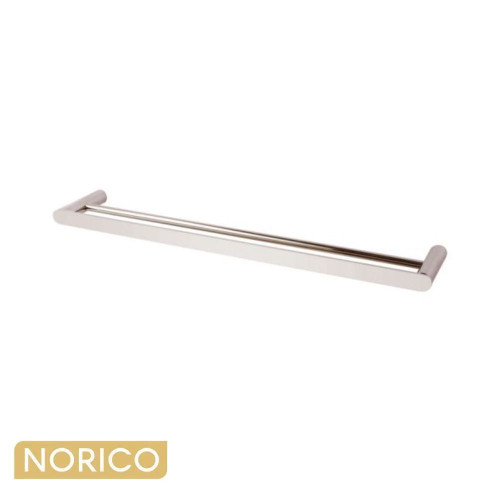 Contemporary brushed nickel double towel rail for modern bathroom renovations in Australia.