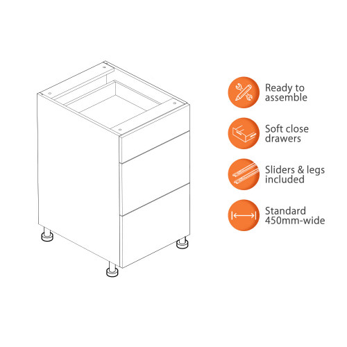 Flat Pack Kitchen 3-Drawer Base Cabinet - 450mm - 16mm Thick - White