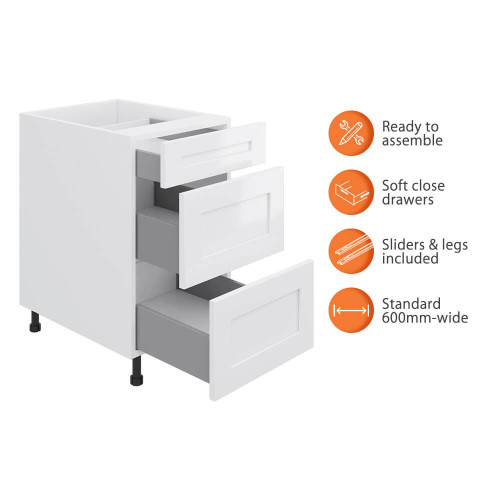 Flat Pack Kitchen 3-Drawer Base Cabinet - 600mm - 16mm Thick - White