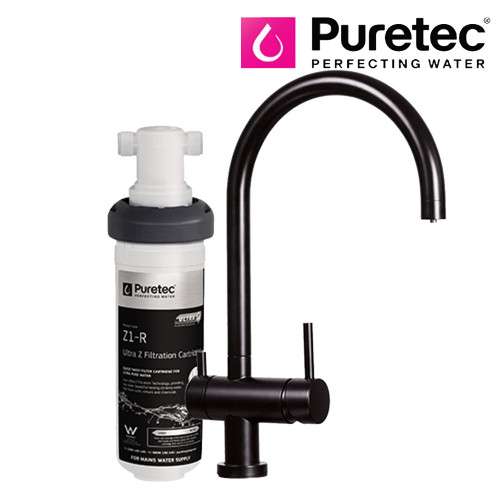 Puretec Z1-BL2 matte black three-way kitchen mixer tap with undersink water filter system for home kitchens.