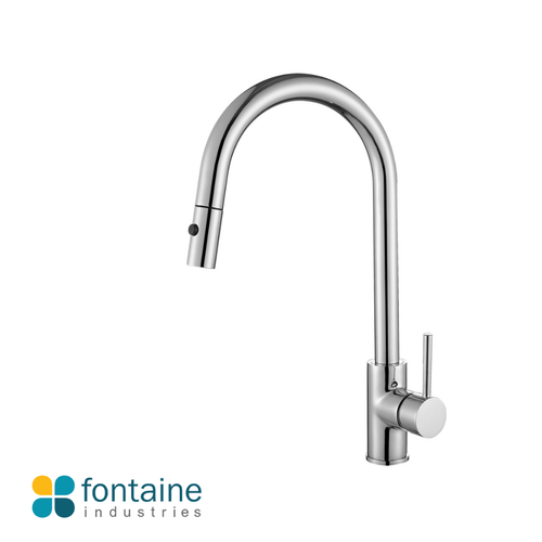 Rosa Chrome Kitchen Mixer Tap with Smooth Gooseneck and Pull-out Nozzle for Modern Australian Homes