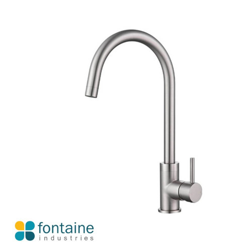 Rosa Gooseneck Kitchen Mixer Tap in Brushed Nickel finish by Fontaine, contemporary single lever brass faucet for modern Australian kitchens.