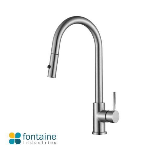 Rosa gooseneck kitchen mixer tap with pull-out nozzle in brushed nickel finish for modern Australian homes.
