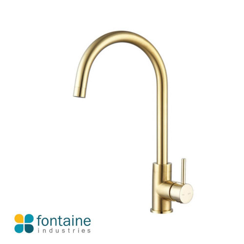 Modern brushed gold gooseneck kitchen mixer tap for luxury home renovations in Australia.