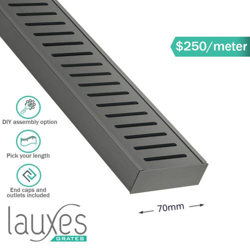 Gunmetal Standard Floor Grate (SFG23-GM) by Lauxes Grates, premium rustproof anodised aluminium linear shower drain for indoor and outdoor bathroom projects in Australia and New Zealand.