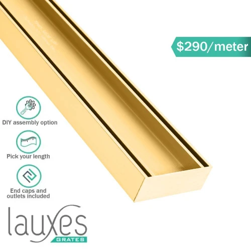 Lauxes Matte Gold Tile Insert Plus 35mm Floor Grate, Rustproof Anodised Aluminium Linear Shower Drain for Modern Australian Bathrooms and Outdoor Patios.