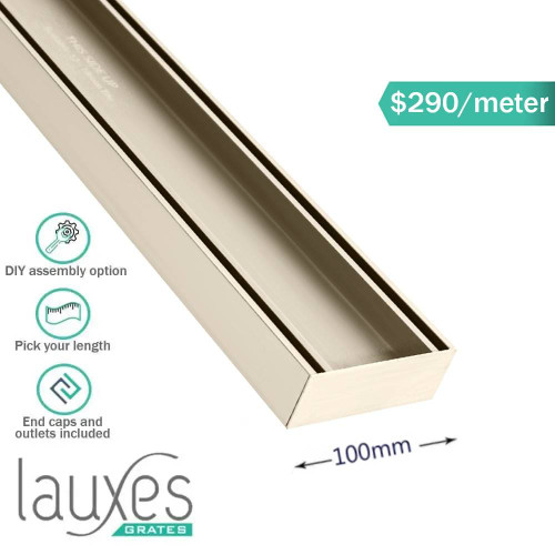 Lauxes Grates TIP35-BN Brushed Nickel Anodised Aluminium Tile Insert Plus Linear Shower Grate for Modern Bathrooms and Outdoor Drainage in Australia.