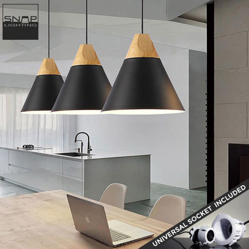 Snap Lighting Frida Black Cone Pendant Light with Timber Wood Tip and Universal Socket for Modern Minimalist DIY Home Decor Australia