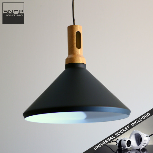Snap Lighting Anitra matte black and white cone pendant light with timber look accent for modern Australian kitchen island lighting.