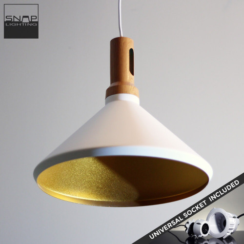Snap Lighting Anitra White and Gold Cone Pendant Light with timber tip for modern Australian home interiors.