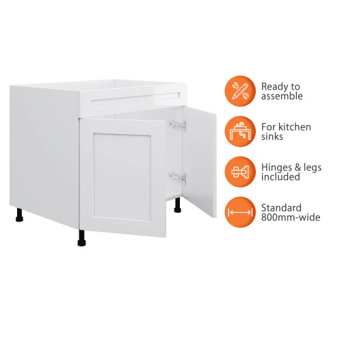Flat Pack Kitchen Sink Base Cabinet - 800mm - 16mm Thick - White