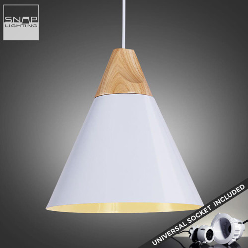 Snap Lighting Frida White E27 Cone Pendant Light with Timber Tip and Universal Socket for Modern Australian Interiors.