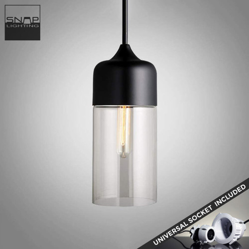 Snap Lighting Mara 127mm Matte Black Pendant Light with Clear Cylinder Glass Shade for Modern Australian Kitchen Islands and Dining Rooms.