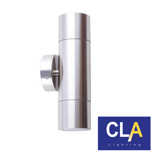 Modern shiny silver outdoor wall mounted up and down light for residential and commercial exterior lighting in Australia.