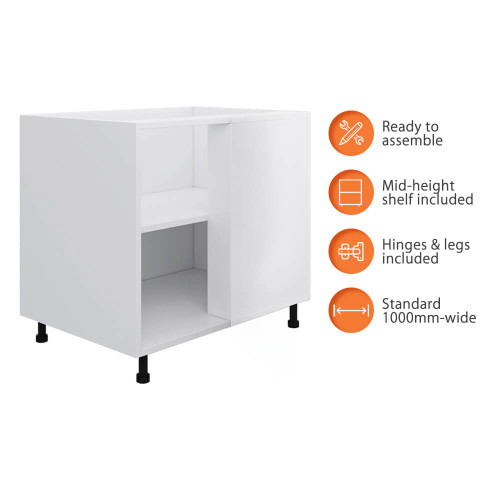 Flat Pack Kitchen Blind Corner Base Cabinet - 1000mm - 16mm Thick - Left Door Installation