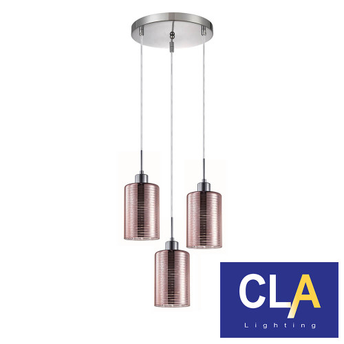 CLA Lighting Espejo 3 Streaks Glass Pendant Lights with Round Base and Rose Gold finish for modern Australian interior lighting.