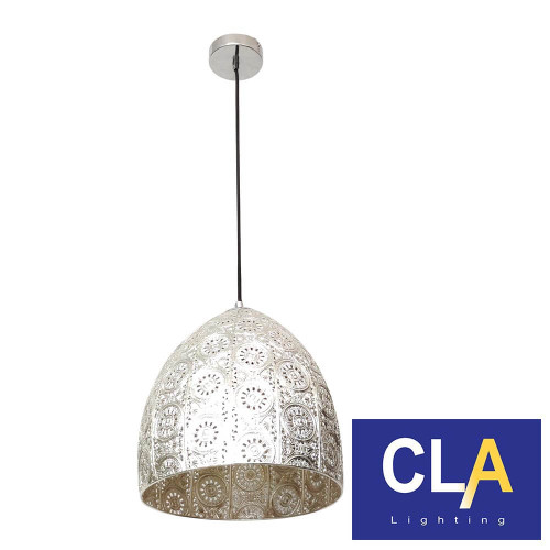Sari Interior Patterned Ellipse Pendant Light in Chrome with Embossed Metal Shade for Australian Homes