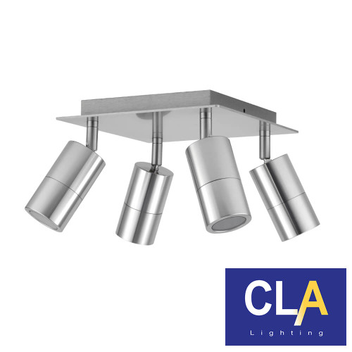 Titanium CLA Lighting Poseidon 4-Light Adjustable Square Plate Ceiling Spotlight with GU10 Base and IP44 Rating for Australian Homes.