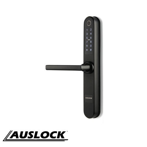 Auslock Slim Series S31B Black Smart Door Lock with FPC Fingerprint Recognition on a modern door in Australia.