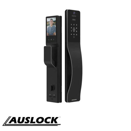 Auslock A519 Smart Push Pull Door Lock in Space Alloy Black, a premium facial recognition and biometric security solution for modern Australian homes.