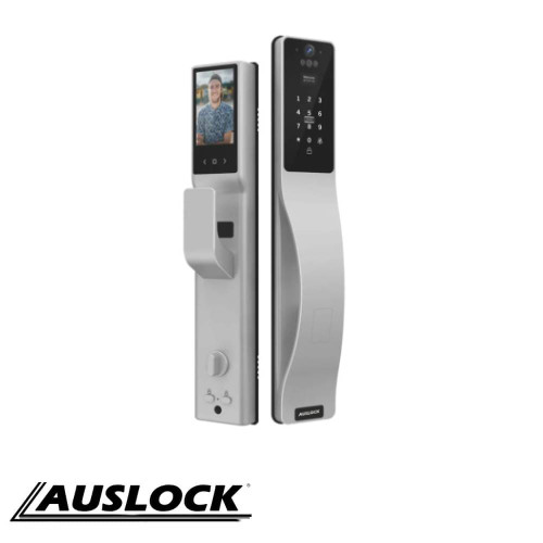 Auslock A519 Space Alloy Smart Push Pull Lock in Silver featuring facial recognition and biometric security for Australian homes.