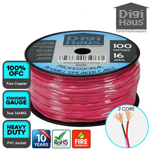 Fire-rated 16AWG 2-core in-wall speaker cable in a 100m roll for home theatre installations in Australia.
