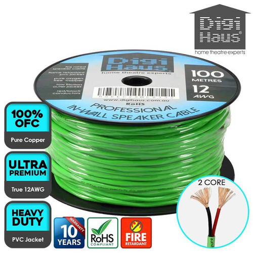 Ultra premium 12AWG 2-core fire-rated in-wall speaker cable 100m roll for professional home theatre installations in Australia.