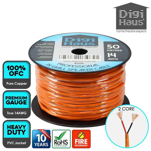 Fire-rated 14AWG 2-core in-wall speaker cable 50m roll for premium home theatre installations in Australia.