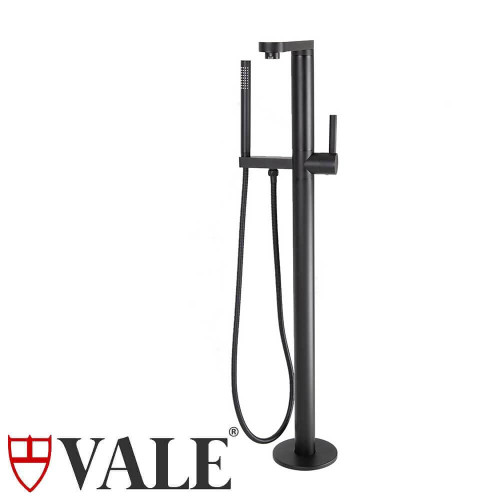 Matte Black Symphony Floor Mounted Bath Spout with Mixer and Hand Shower for Australian designer bathrooms.