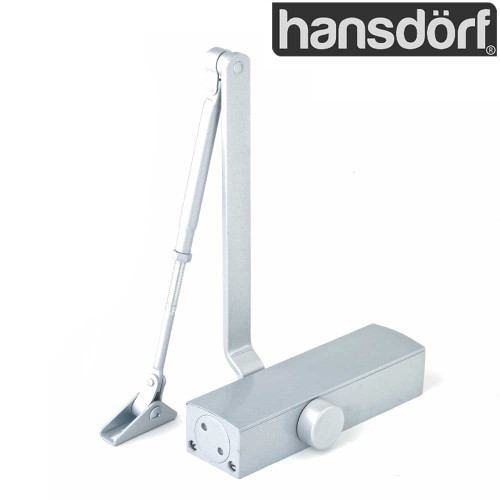 Silver Hansdorf automatic door closer with adjustable closing and latching speeds for residential and commercial entryways in Australia.